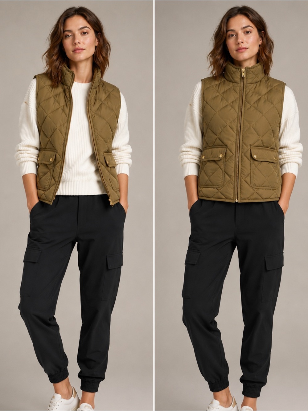 J.Crew Quilted Down Puffer Vest Olive Green Snap Pocket Utility Vest NWT Size S
